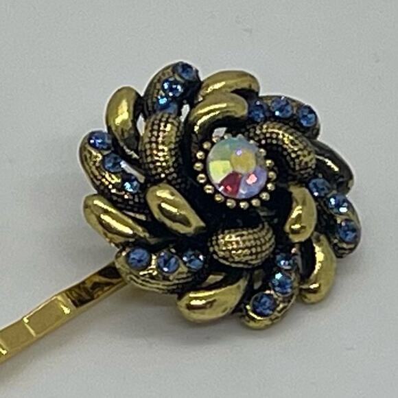Handmade Blue Iridescent Rhinestone Gold Set Hair Clips HoCo Fairy Jewelry NWT - Picture 2 of 6
